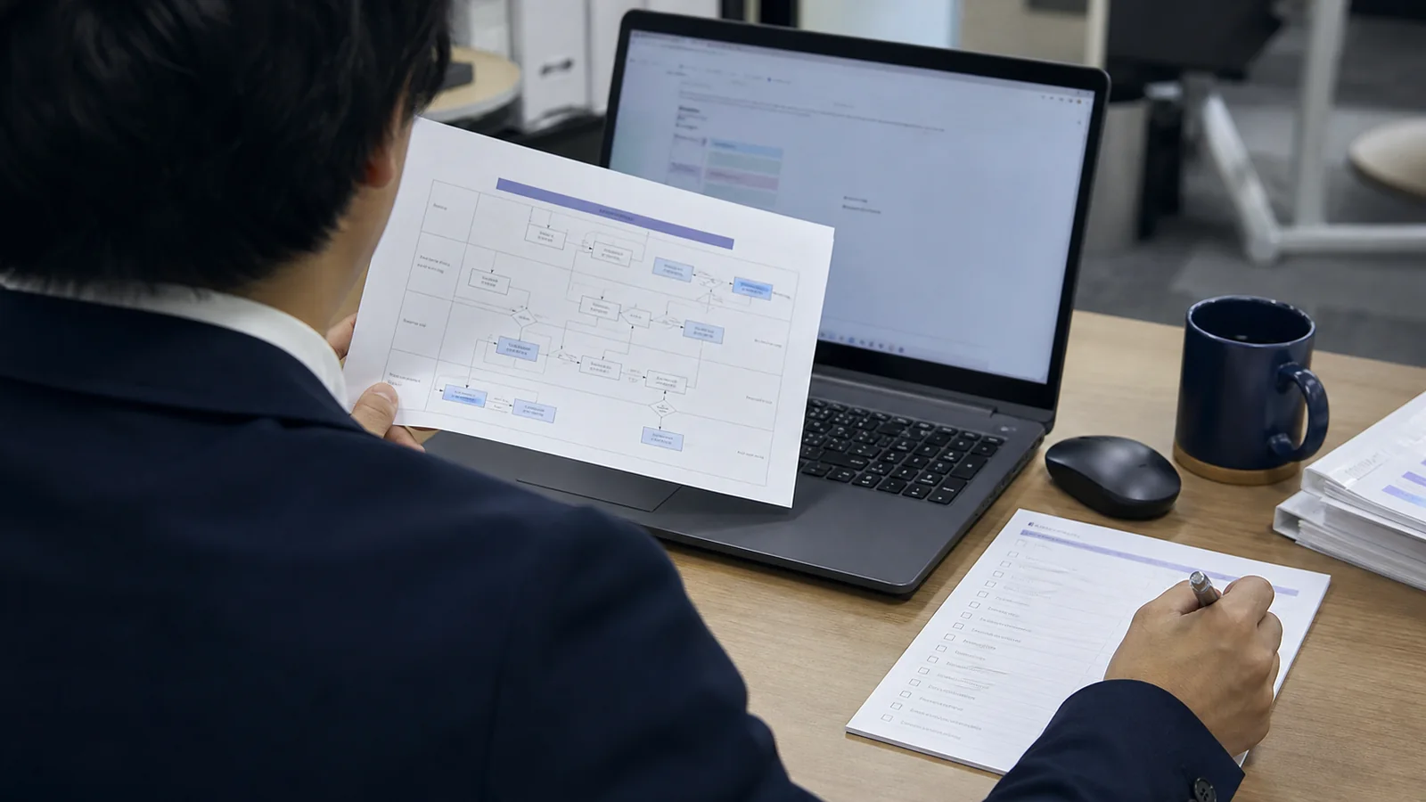 業務フローを確認する担当者の後ろ姿と手元